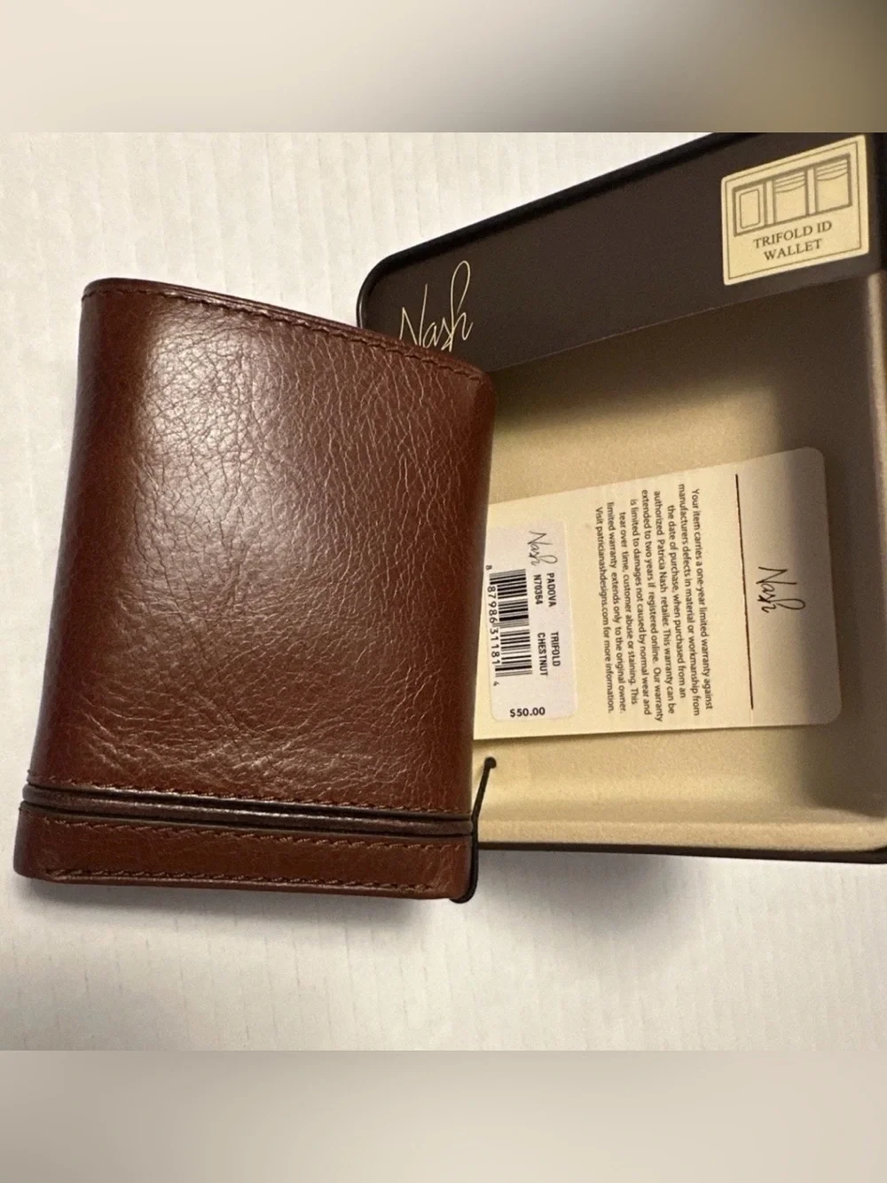 Pat Patricia Nash Men’s Padova Trifold ID Wallet Chestnut Brown Leather NWT